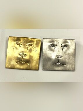 Vintage Lion Face Two Square Brooches  - Gold and Silver Tones Set by JJ
